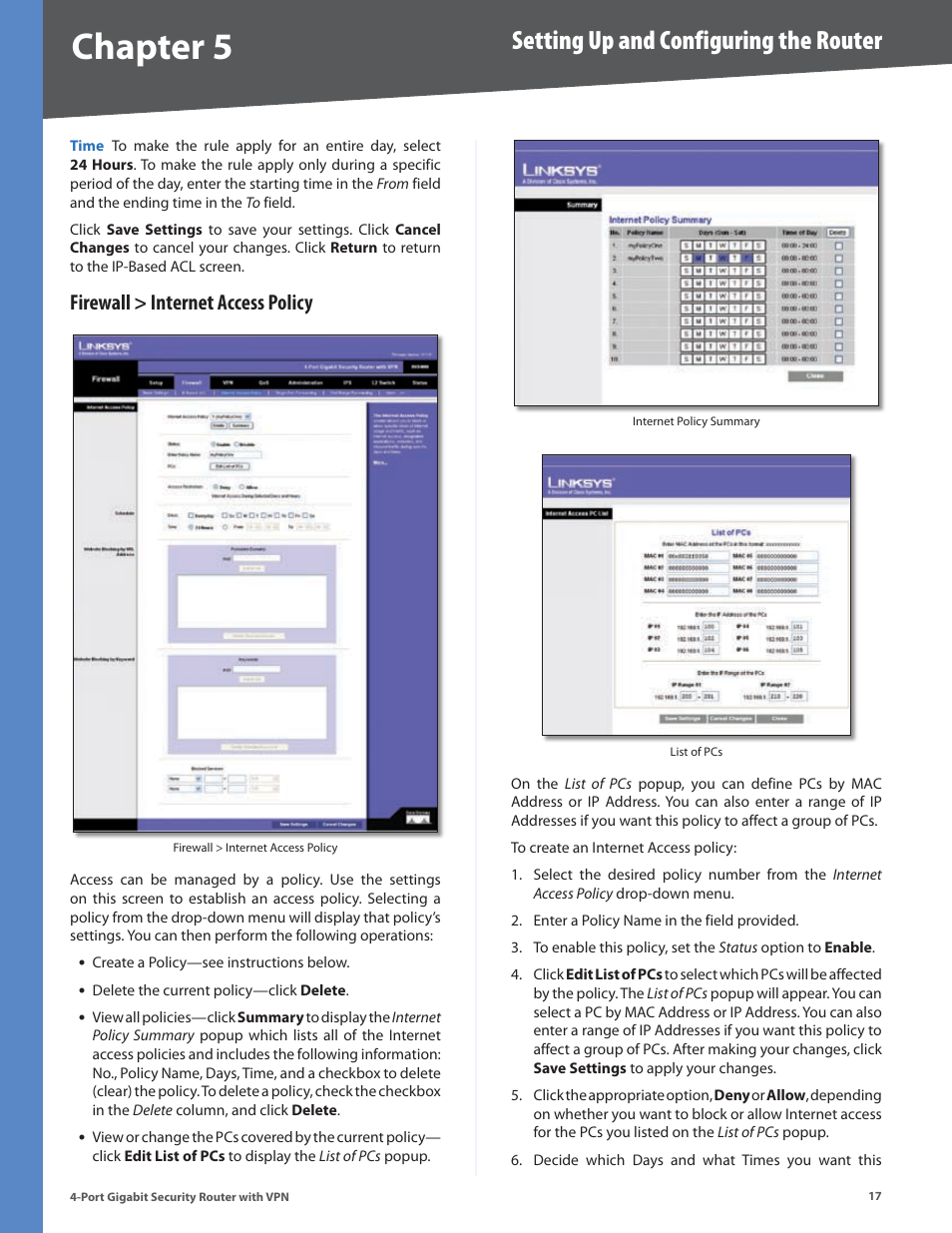 Firewall > internet access policy, Chapter, Setting up and configuring the router | Linksys RVS4000 User Manual | Page 22 / 68