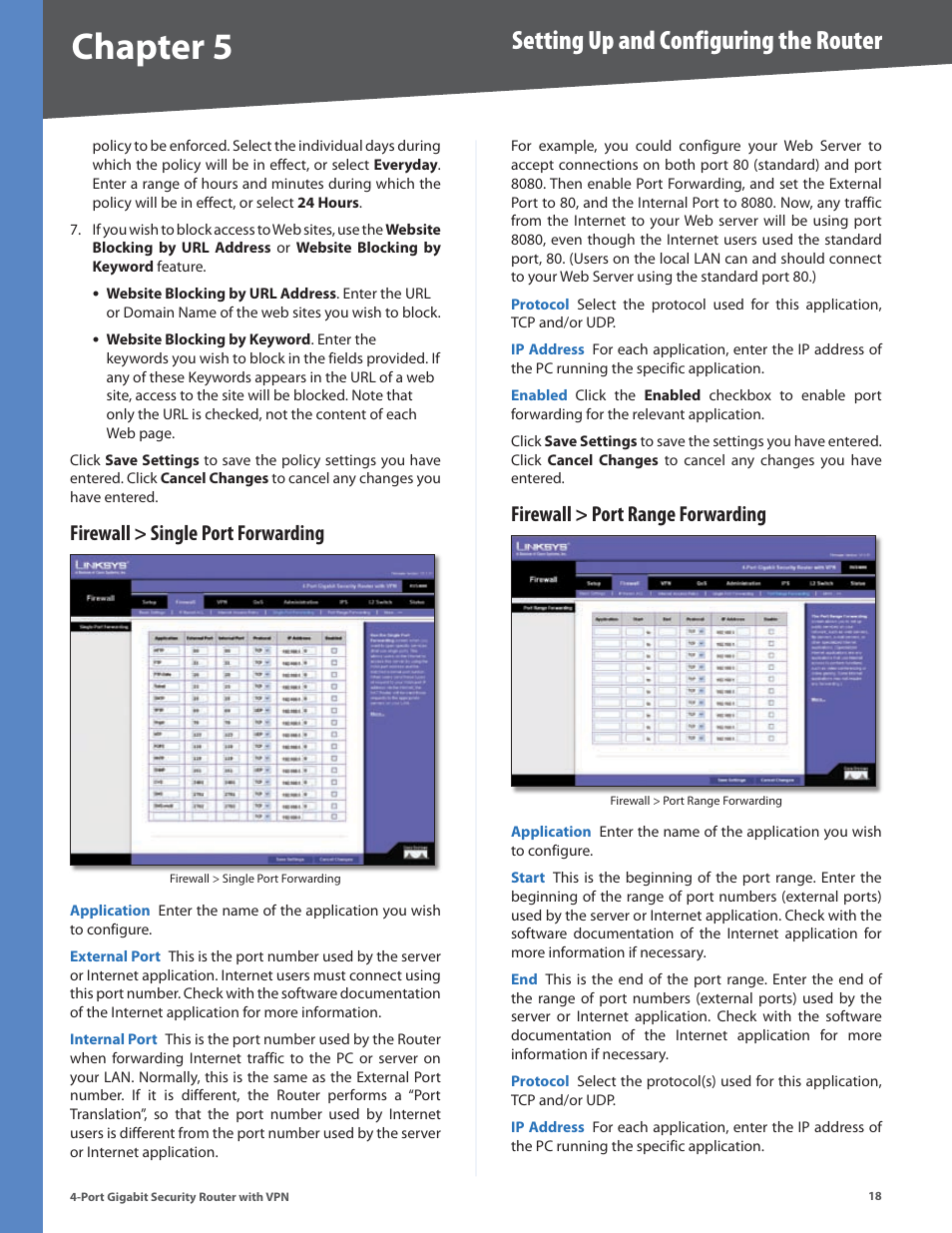 Firewall > single port forwarding, Firewall > port range forwarding, Chapter | Setting up and configuring the router | Linksys RVS4000 User Manual | Page 23 / 68