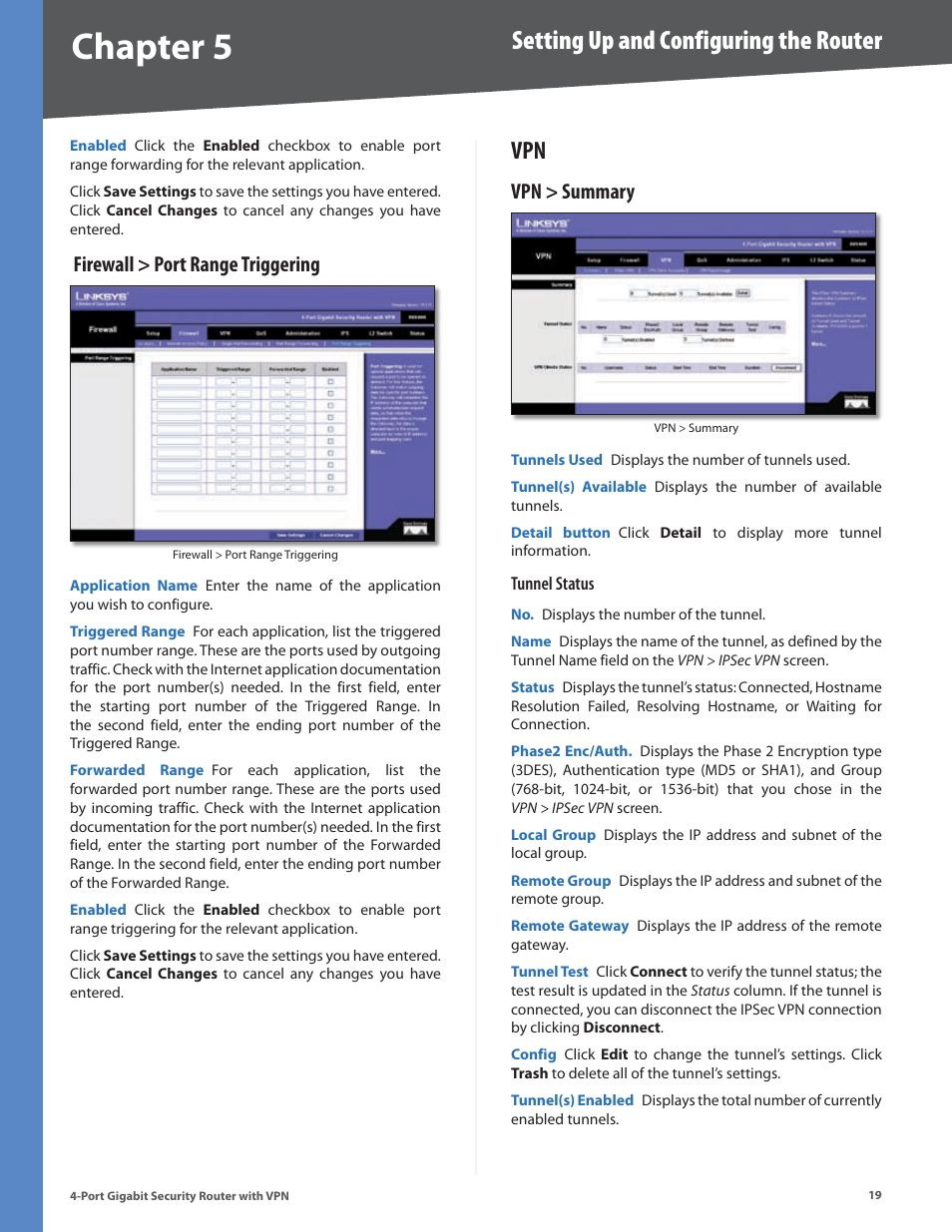 Firewall > port range triggering, Vpn > summary, Chapter | Setting up and configuring the router | Linksys RVS4000 User Manual | Page 24 / 68