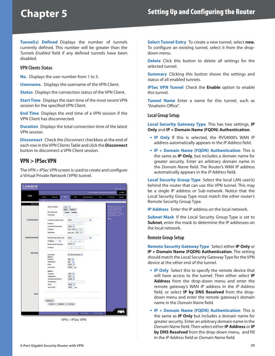 Vpn > ipsec vpn, Chapter, Setting up and configuring the router | Linksys RVS4000 User Manual | Page 25 / 68