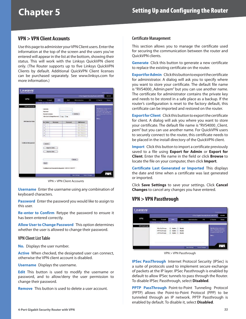 Vpn > vpn client accounts, Vpn > vpn passthrough, Vpn > vpn client accounts vpn > vpn passthrough | Chapter, Setting up and configuring the router | Linksys RVS4000 User Manual | Page 27 / 68