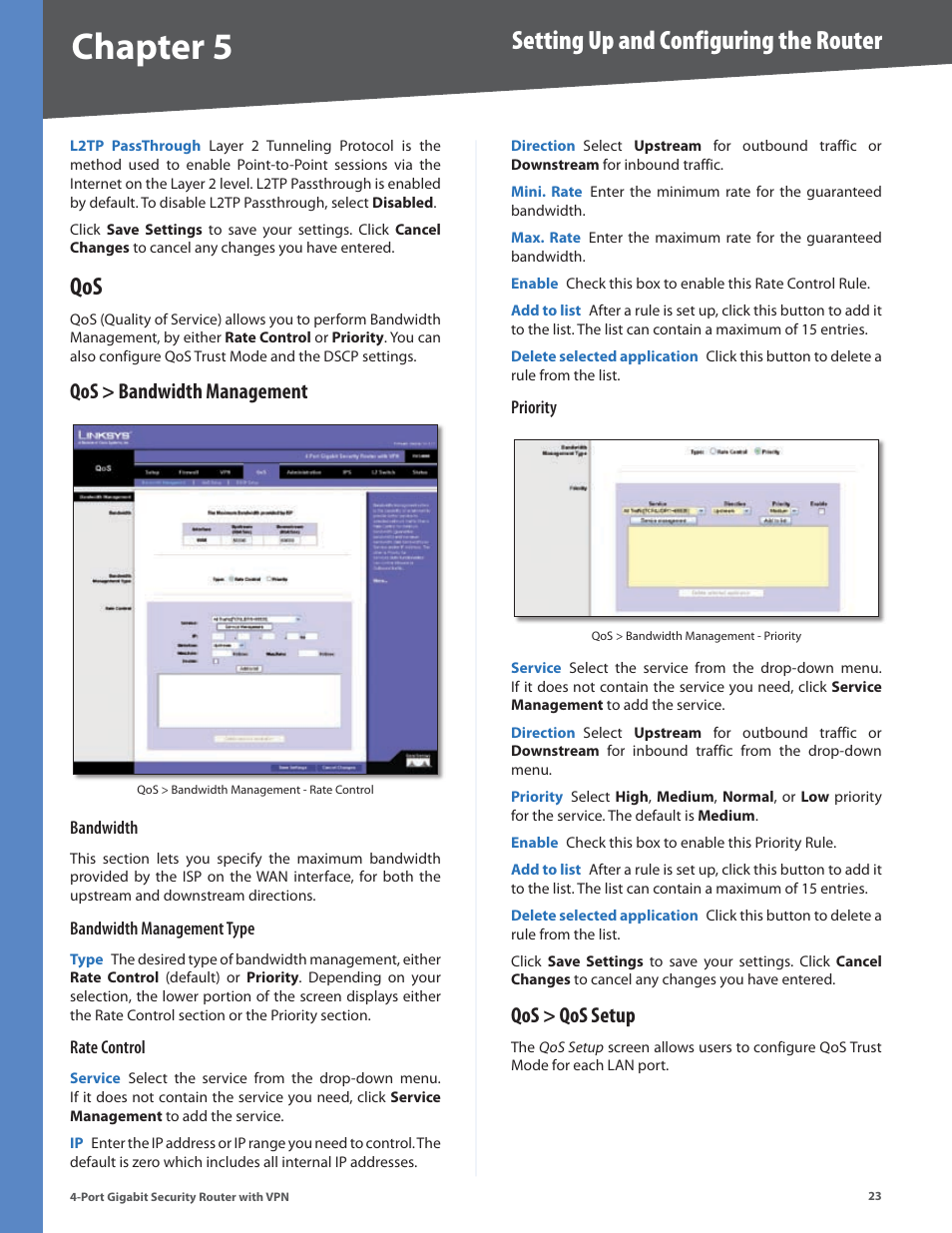 Qos > bandwidth management, Qos > qos setup, Chapter | Setting up and configuring the router | Linksys RVS4000 User Manual | Page 28 / 68