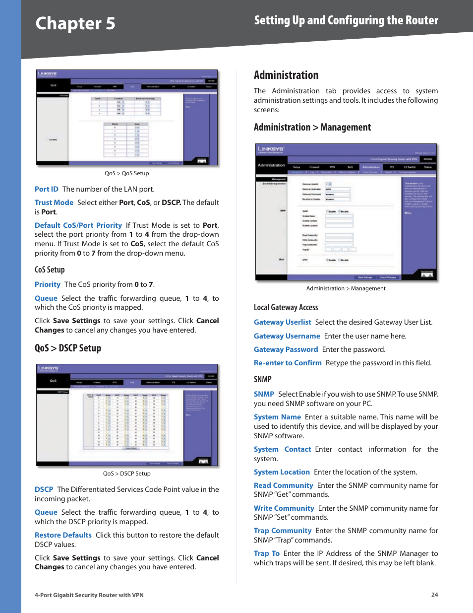 Qos > dscp setup, Administration, Administration > management | Chapter, Setting up and configuring the router | Linksys RVS4000 User Manual | Page 29 / 68