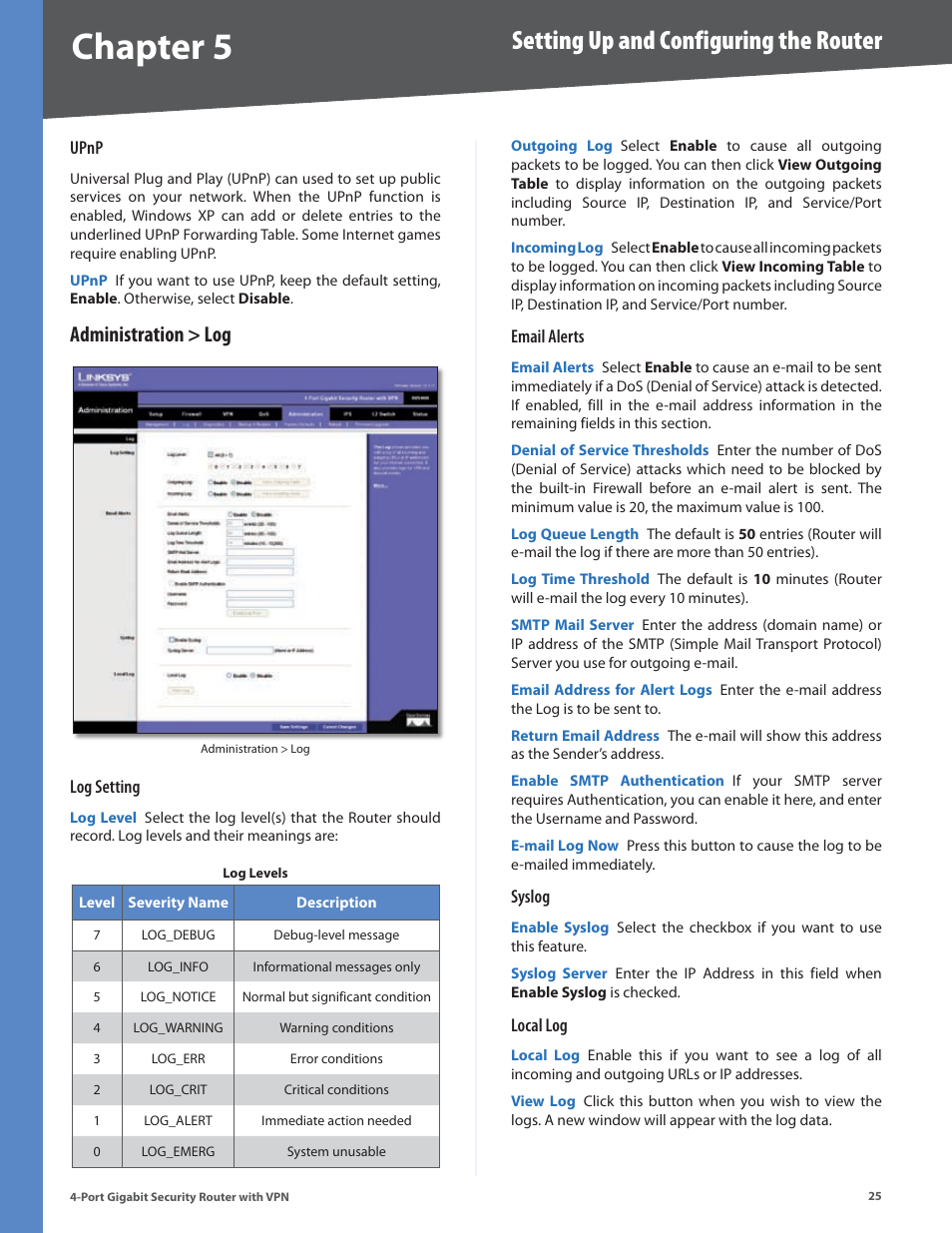 Administration > log, Chapter, Setting up and configuring the router | Linksys RVS4000 User Manual | Page 30 / 68