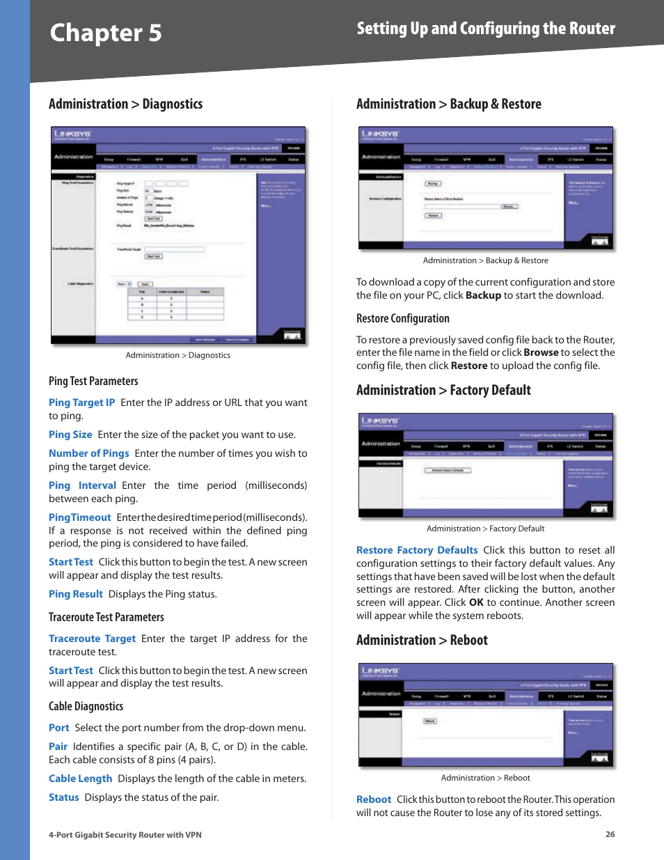 Administration > diagnostics, Administration > backup & restore, Administration > factory default | Administration > reboot, Chapter, Setting up and configuring the router | Linksys RVS4000 User Manual | Page 31 / 68