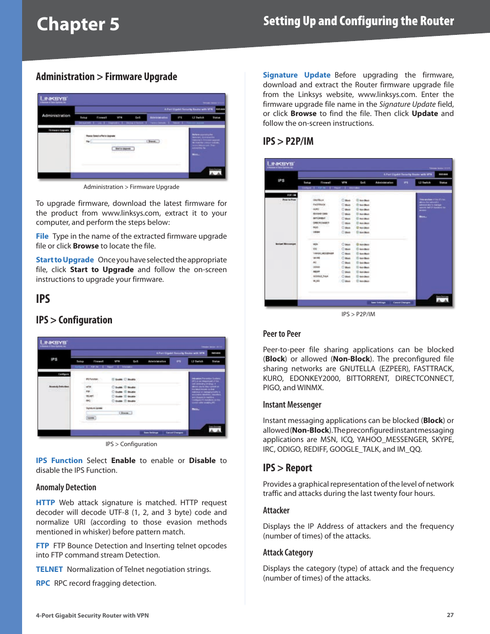 Administration > firmware upgrade, Ips > configuration, Ips > p2p/im | Ips > report, Ips > configuration ips > p2p/im ips > report, Chapter, Setting up and configuring the router | Linksys RVS4000 User Manual | Page 32 / 68