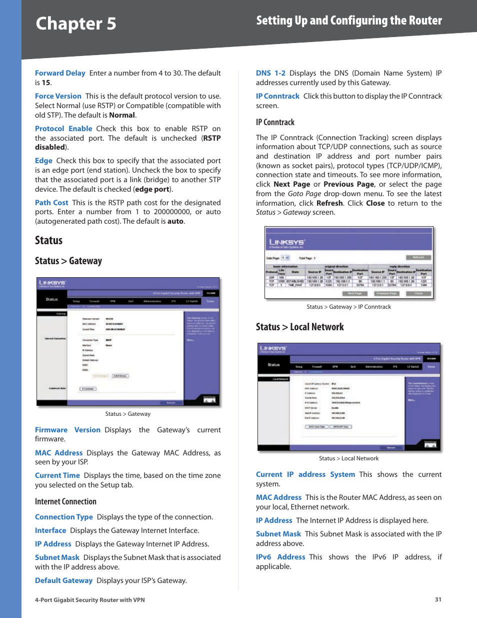 Status, Status > gateway, Status > local network | Status > gateway status > local network, Chapter, Setting up and configuring the router | Linksys RVS4000 User Manual | Page 36 / 68
