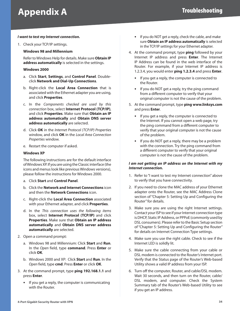 Appendix a, Troubleshooting | Linksys RVS4000 User Manual | Page 39 / 68