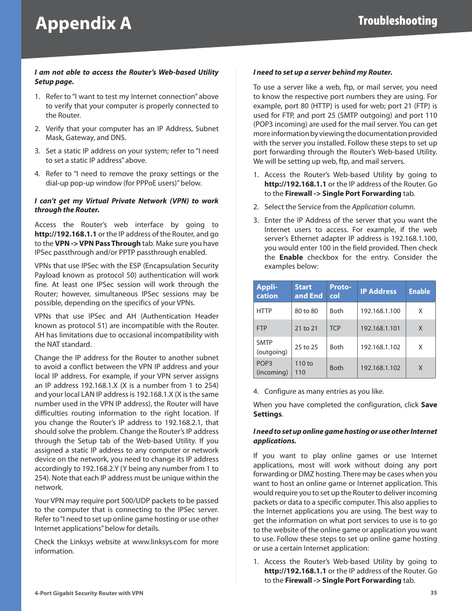 Appendix a, Troubleshooting | Linksys RVS4000 User Manual | Page 40 / 68