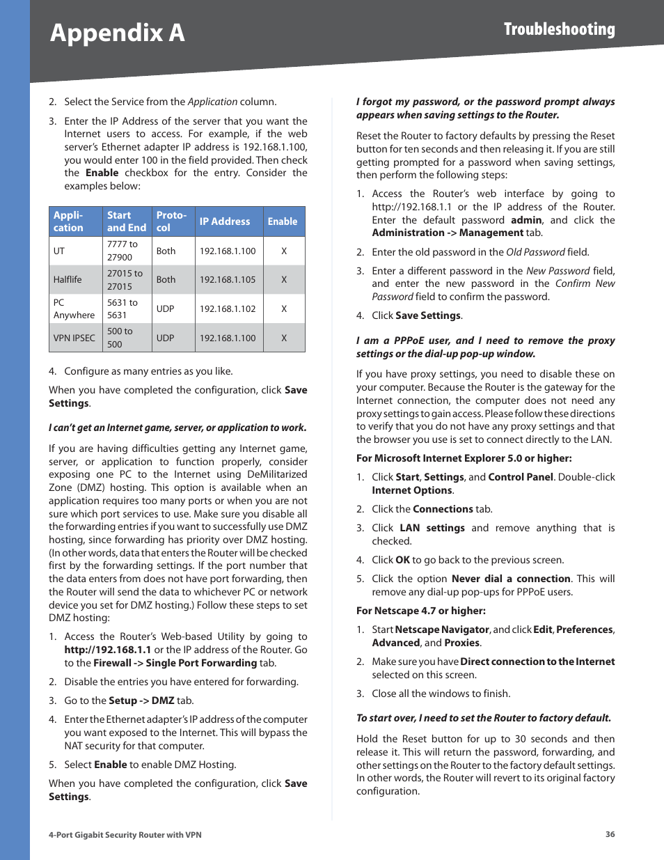 Appendix a, Troubleshooting | Linksys RVS4000 User Manual | Page 41 / 68