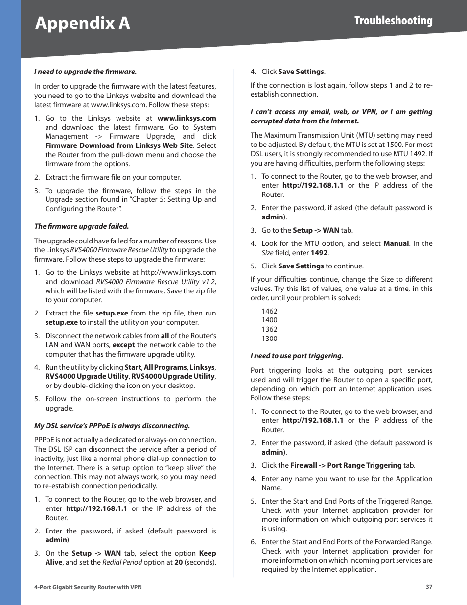 Appendix a, Troubleshooting | Linksys RVS4000 User Manual | Page 42 / 68