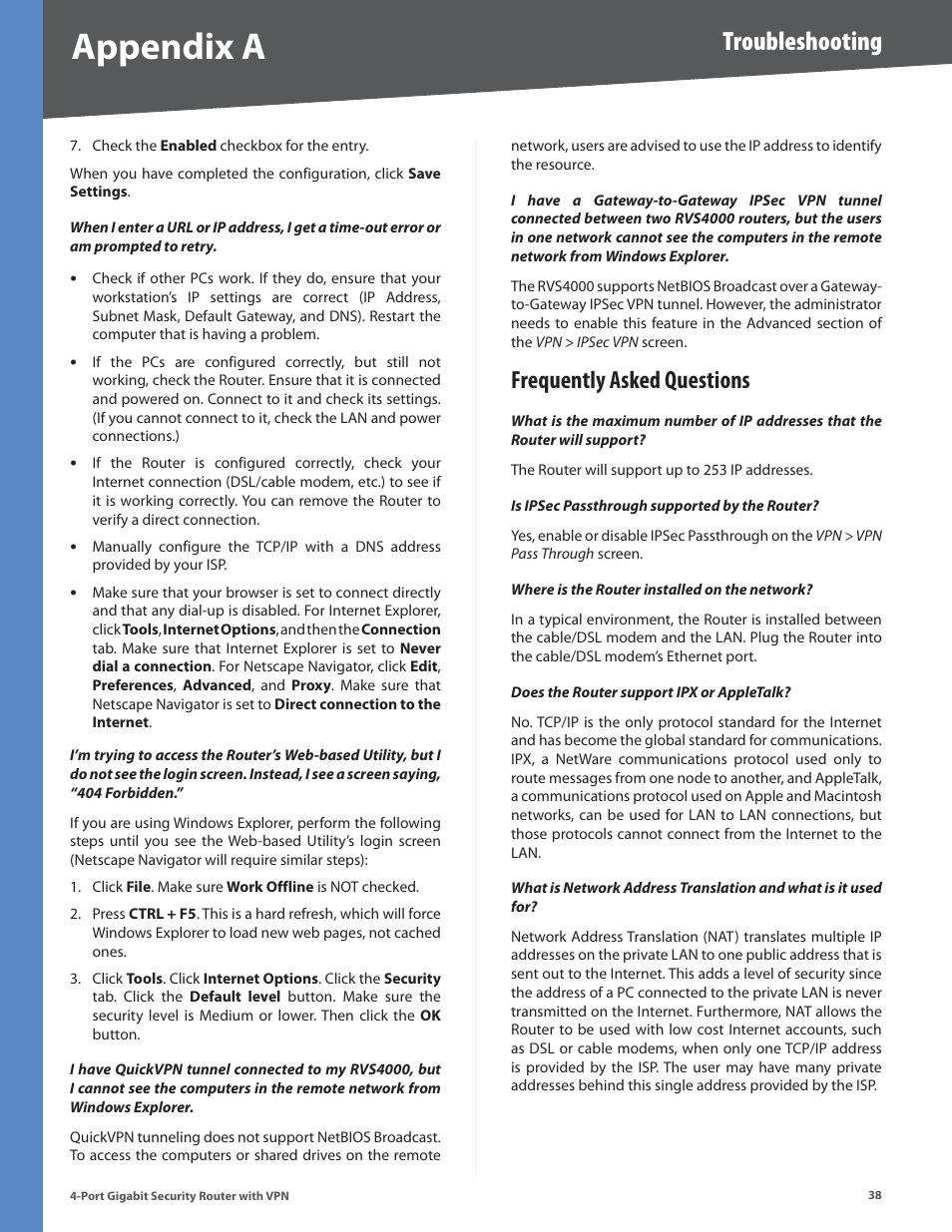Frequently asked questions, Appendix a, Troubleshooting | Linksys RVS4000 User Manual | Page 43 / 68