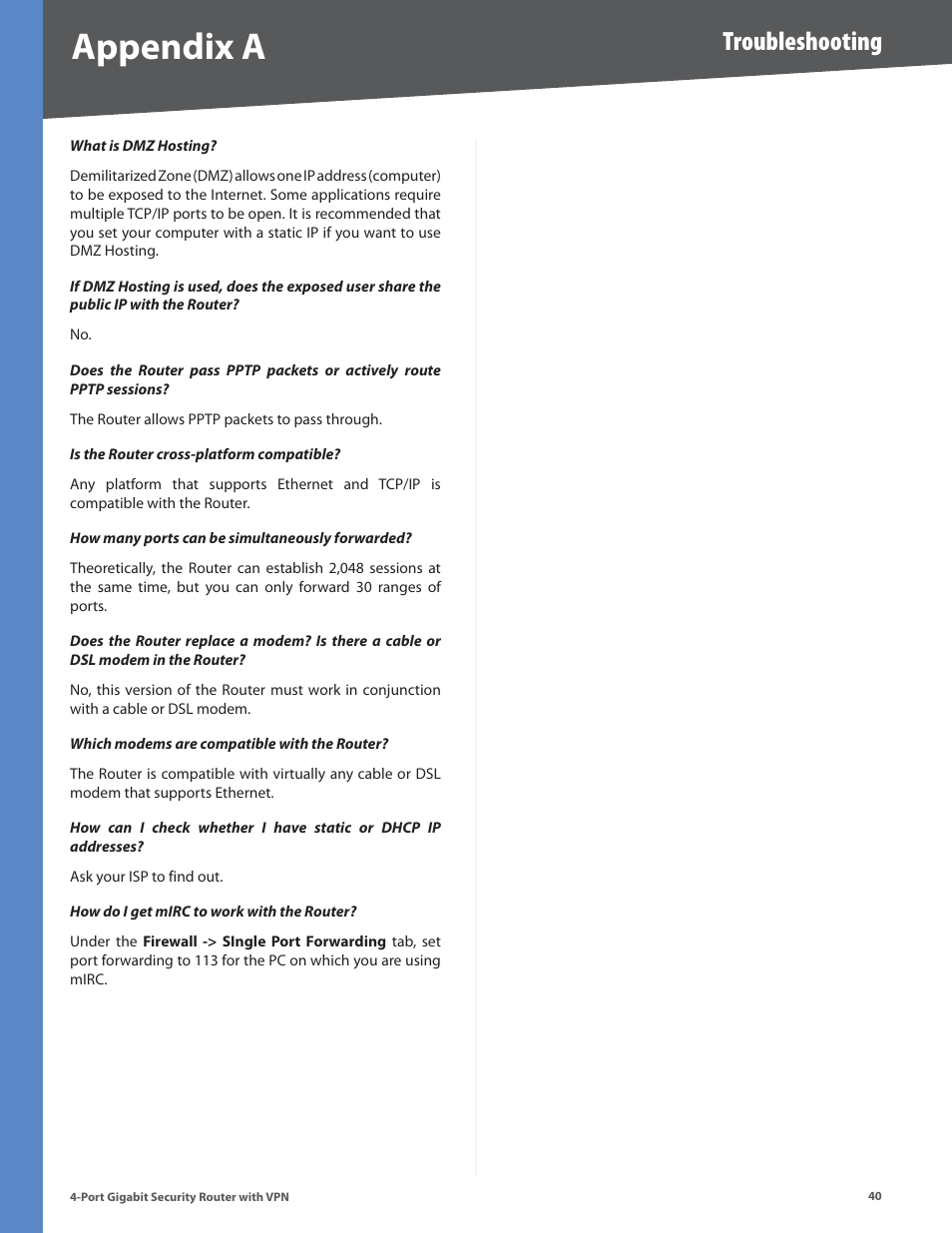 Appendix a, Troubleshooting | Linksys RVS4000 User Manual | Page 45 / 68