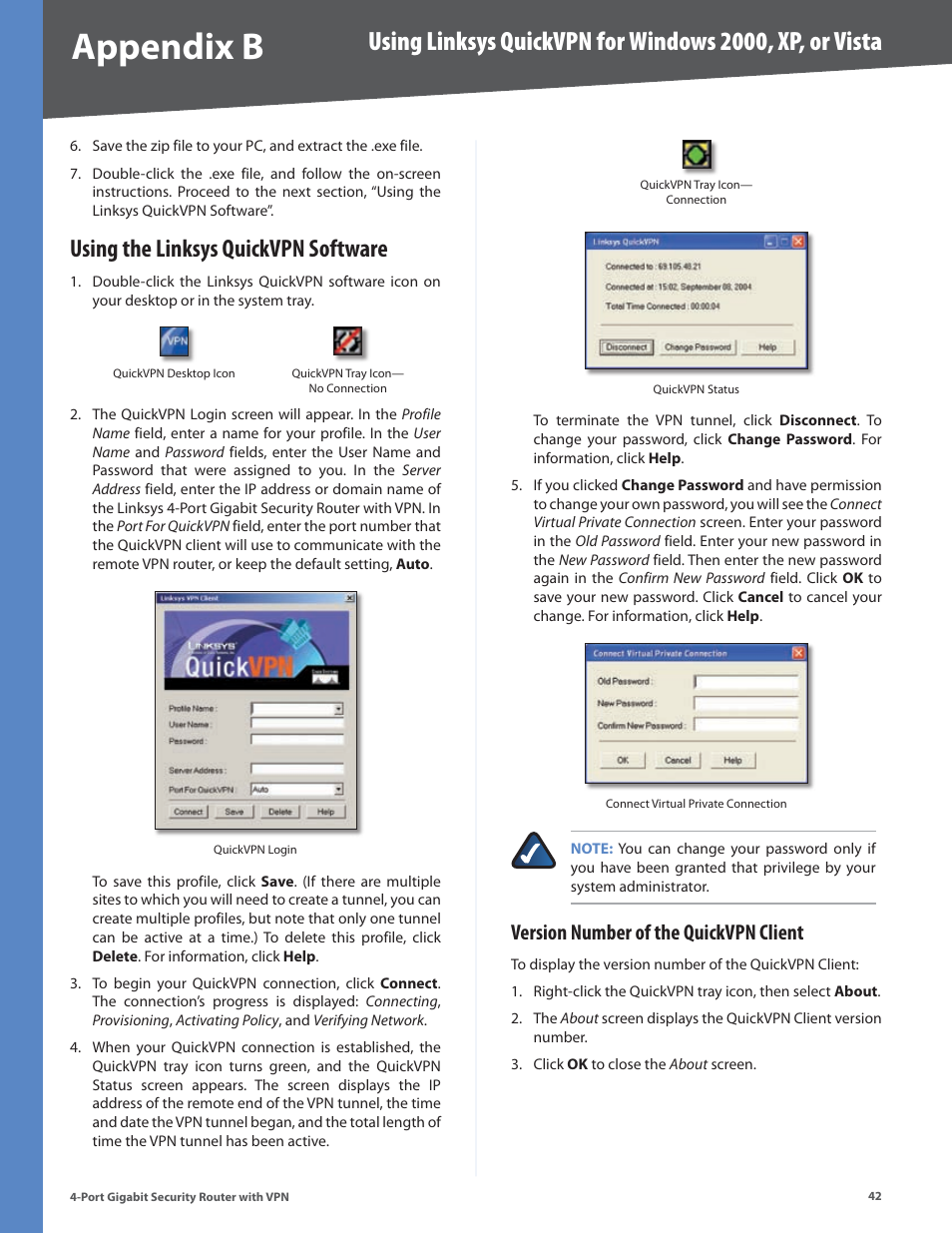 Using the linksys quickvpn software, Version number of the quickvpn client, Appendix b | Linksys RVS4000 User Manual | Page 47 / 68