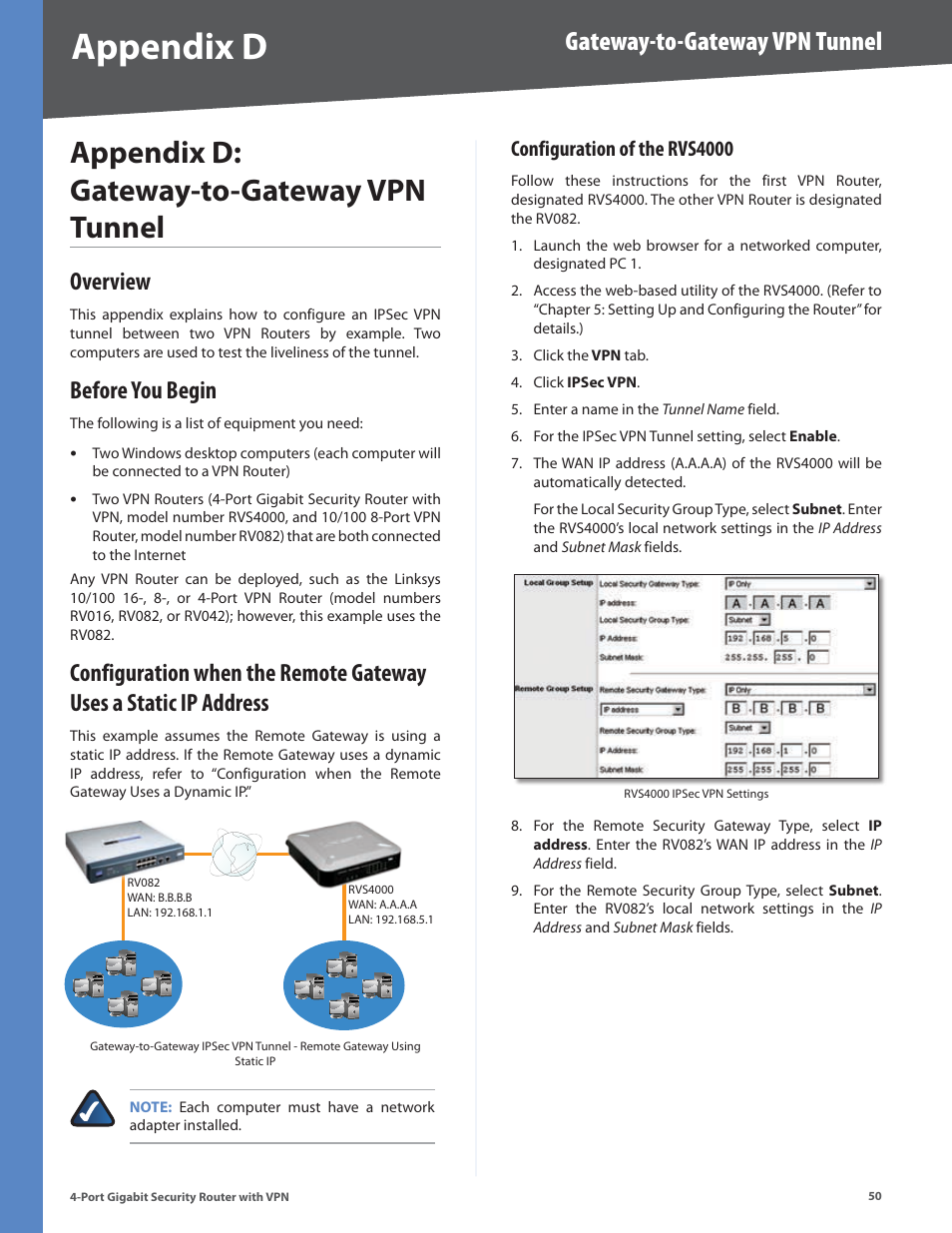 Appendix d: gateway-to-gateway vpn tunnel, Overview, Before you begin | Configuration of the rvs4000, Appendix d, Gateway-to-gateway vpn tunnel | Linksys RVS4000 User Manual | Page 55 / 68