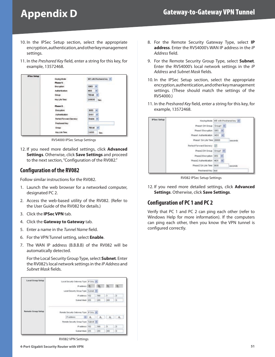 Configuration of the rv082, Configuration of pc 1 and pc 2, Appendix d | Gateway-to-gateway vpn tunnel | Linksys RVS4000 User Manual | Page 56 / 68