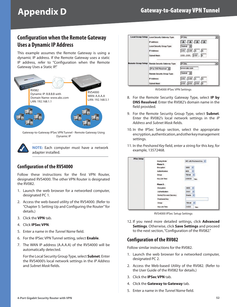 Configuration of the rvs4000, Configuration of the rv082, Appendix d | Gateway-to-gateway vpn tunnel | Linksys RVS4000 User Manual | Page 57 / 68