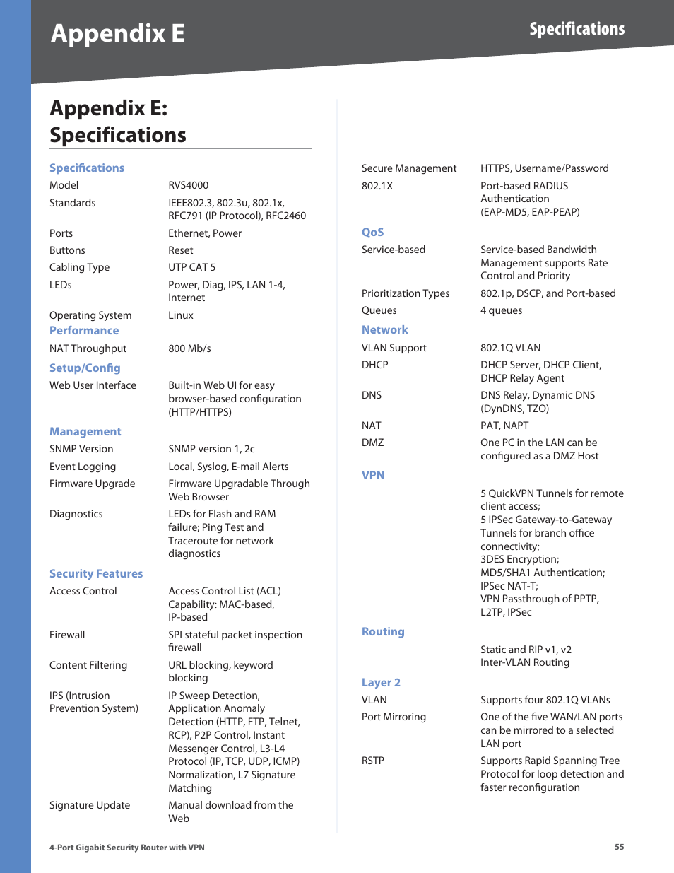 Appendix e: specifications, Appendix e, Specifications | Linksys RVS4000 User Manual | Page 60 / 68