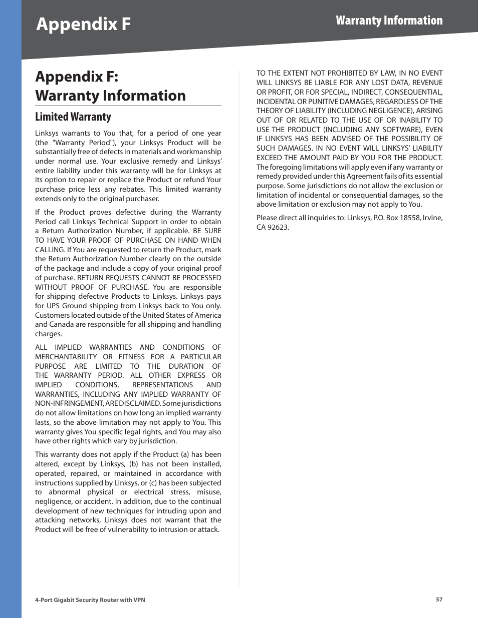 Appendix f: warranty information, Appendix f, Warranty information | Limited warranty | Linksys RVS4000 User Manual | Page 62 / 68
