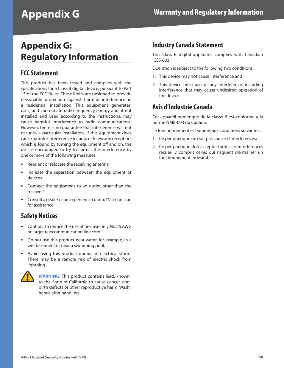 Appendix g: regulatory information, Fcc statement, Safety notices | Industry canada statement, Avis d’industrie canada, Appendix g, Warranty and regulatory information | Linksys RVS4000 User Manual | Page 63 / 68