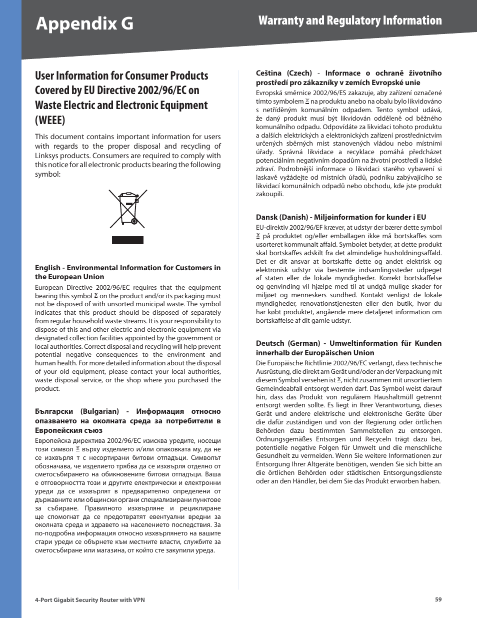 Electric and electronic equipment (weee), Appendix g, Warranty and regulatory information | Linksys RVS4000 User Manual | Page 64 / 68