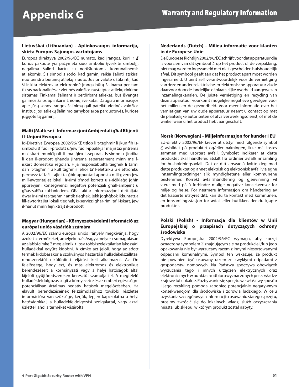 Appendix g, Warranty and regulatory information | Linksys RVS4000 User Manual | Page 66 / 68