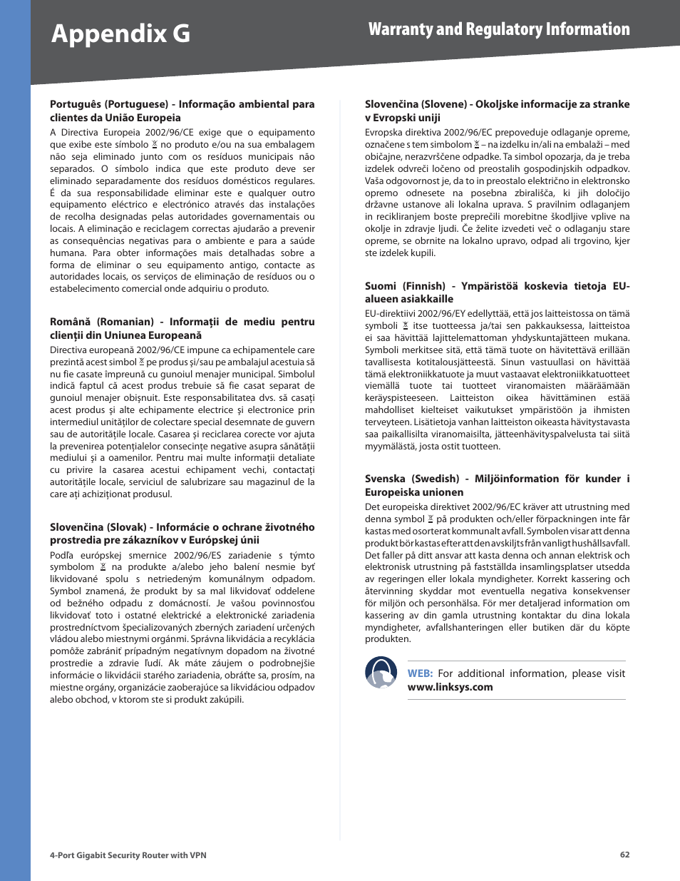 Appendix g, Warranty and regulatory information | Linksys RVS4000 User Manual | Page 67 / 68