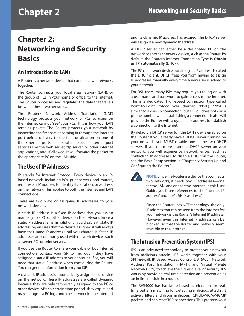 Chapter 2: networking and security basics, An introduction to lans, The use of ip addresses | The intrusion prevention system (ips), Chapter, Chapter : networking and security basics, Networking and security basics | Linksys RVS4000 User Manual | Page 7 / 68