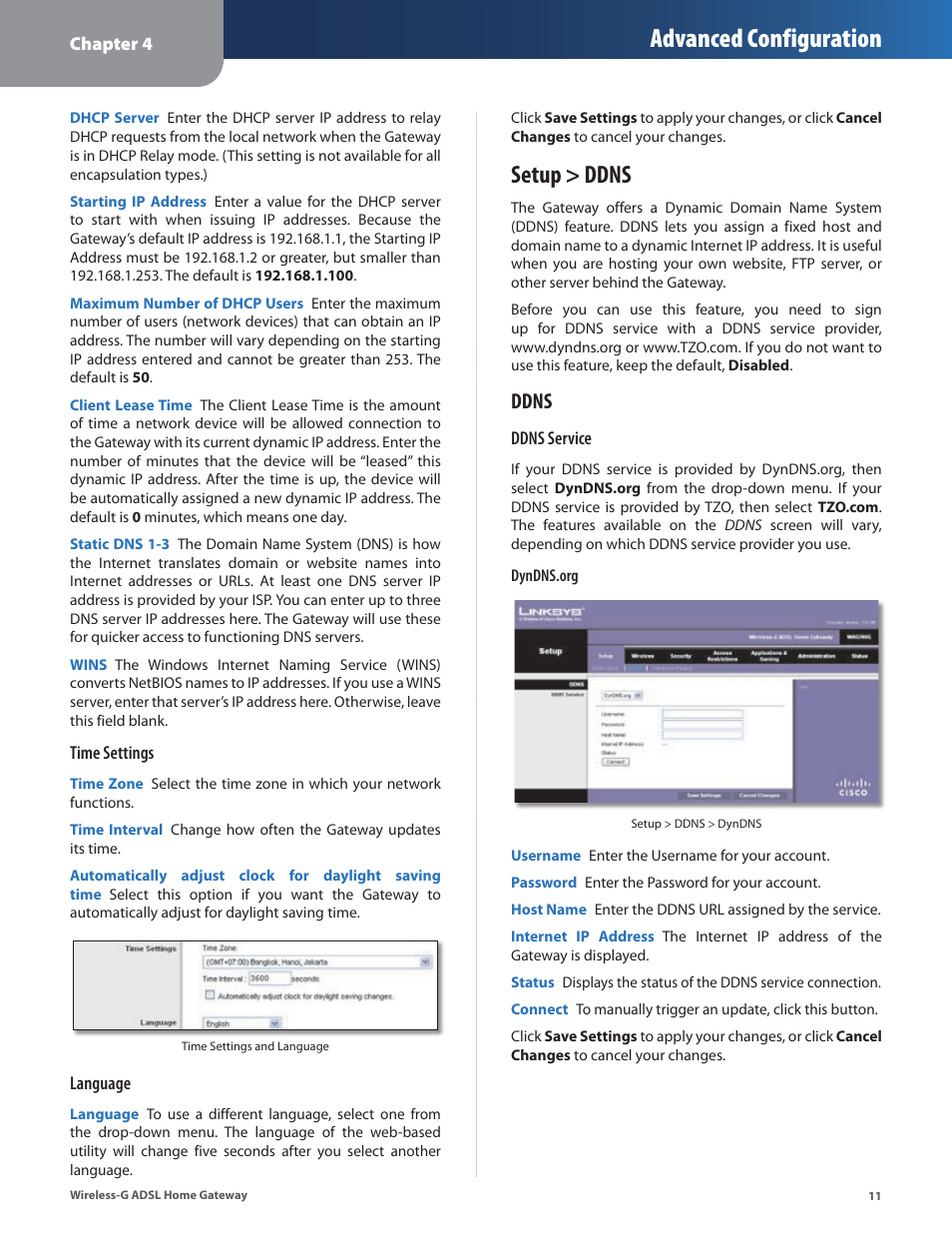 Setup > ddns, Advanced configuration, Ddns | Linksys WAG200G User Manual | Page 12 / 39