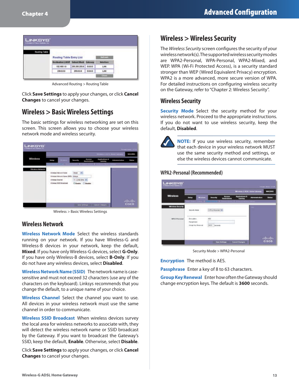 Wireless > basic wireless settings, Wireless > wireless security, Advanced configuration | Wireless network, Wireless security | Linksys WAG200G User Manual | Page 14 / 39