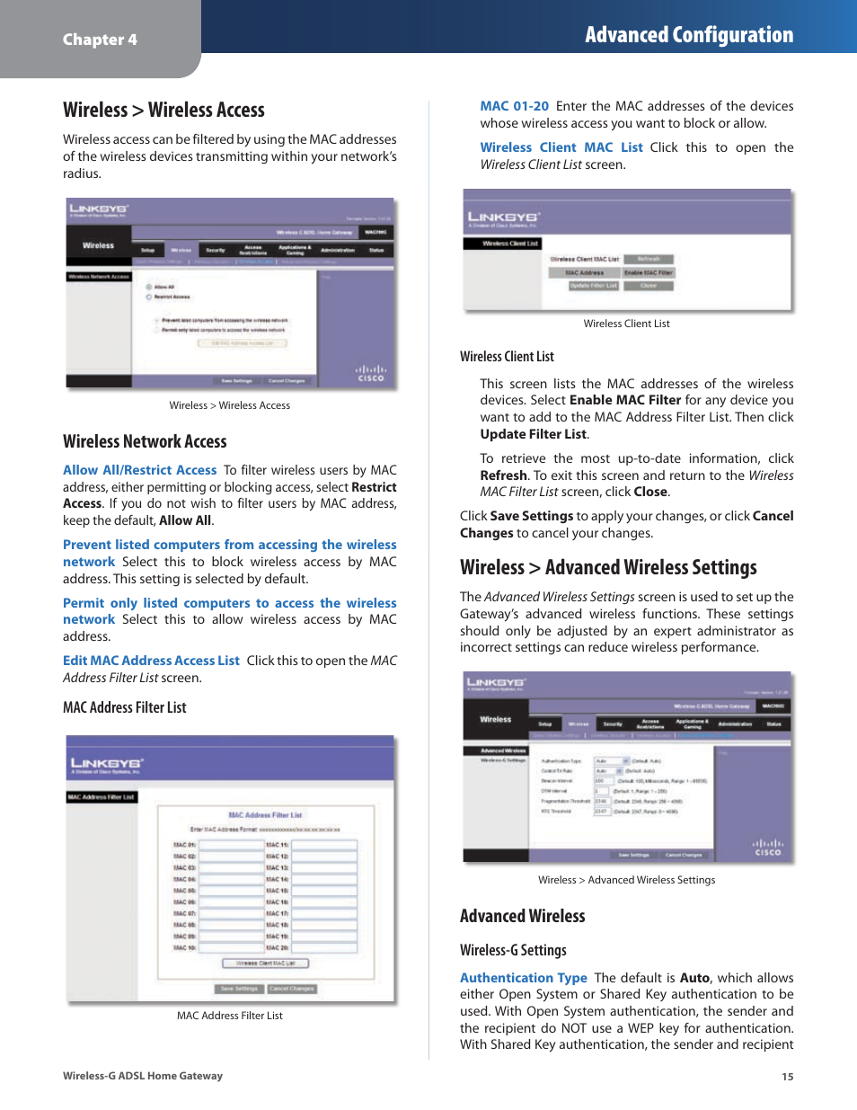 Wireless > wireless access, Wireless > advanced wireless settings, Advanced configuration | Wireless network access, Advanced wireless | Linksys WAG200G User Manual | Page 16 / 39