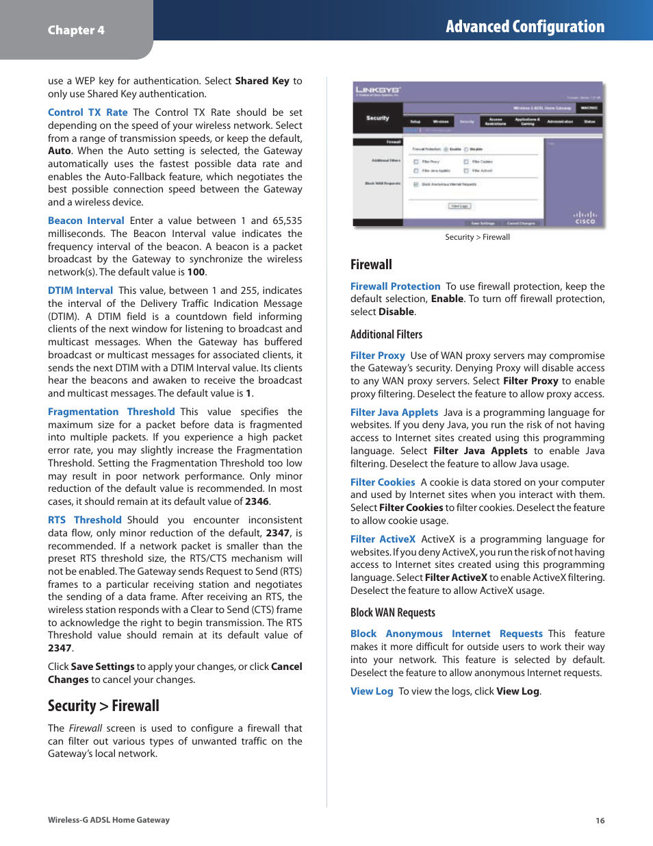 Security > firewall, Advanced configuration, Firewall | Linksys WAG200G User Manual | Page 17 / 39