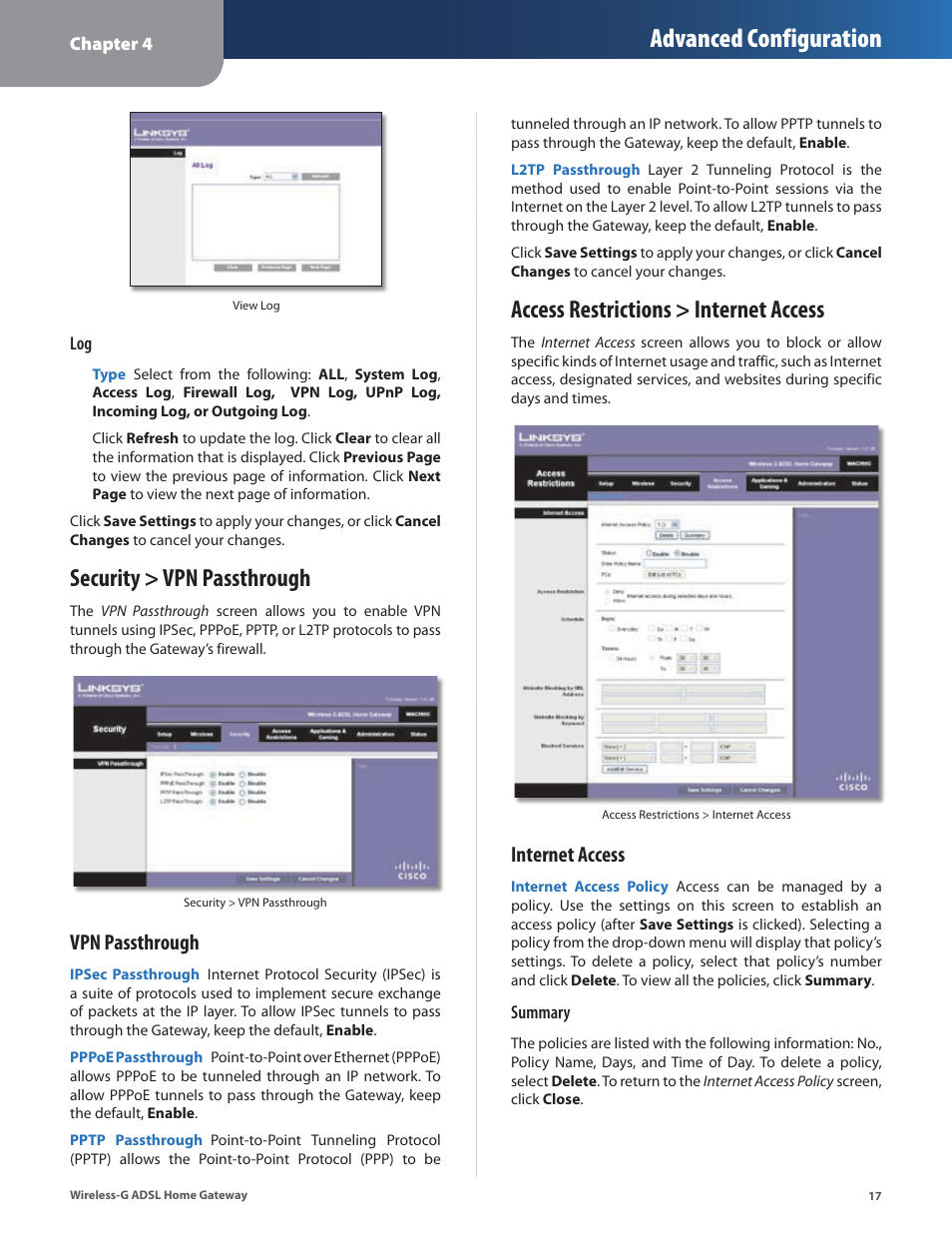 Security > vpn passthrough, Access restrictions > internet access, Advanced configuration | Vpn passthrough, Internet access | Linksys WAG200G User Manual | Page 18 / 39