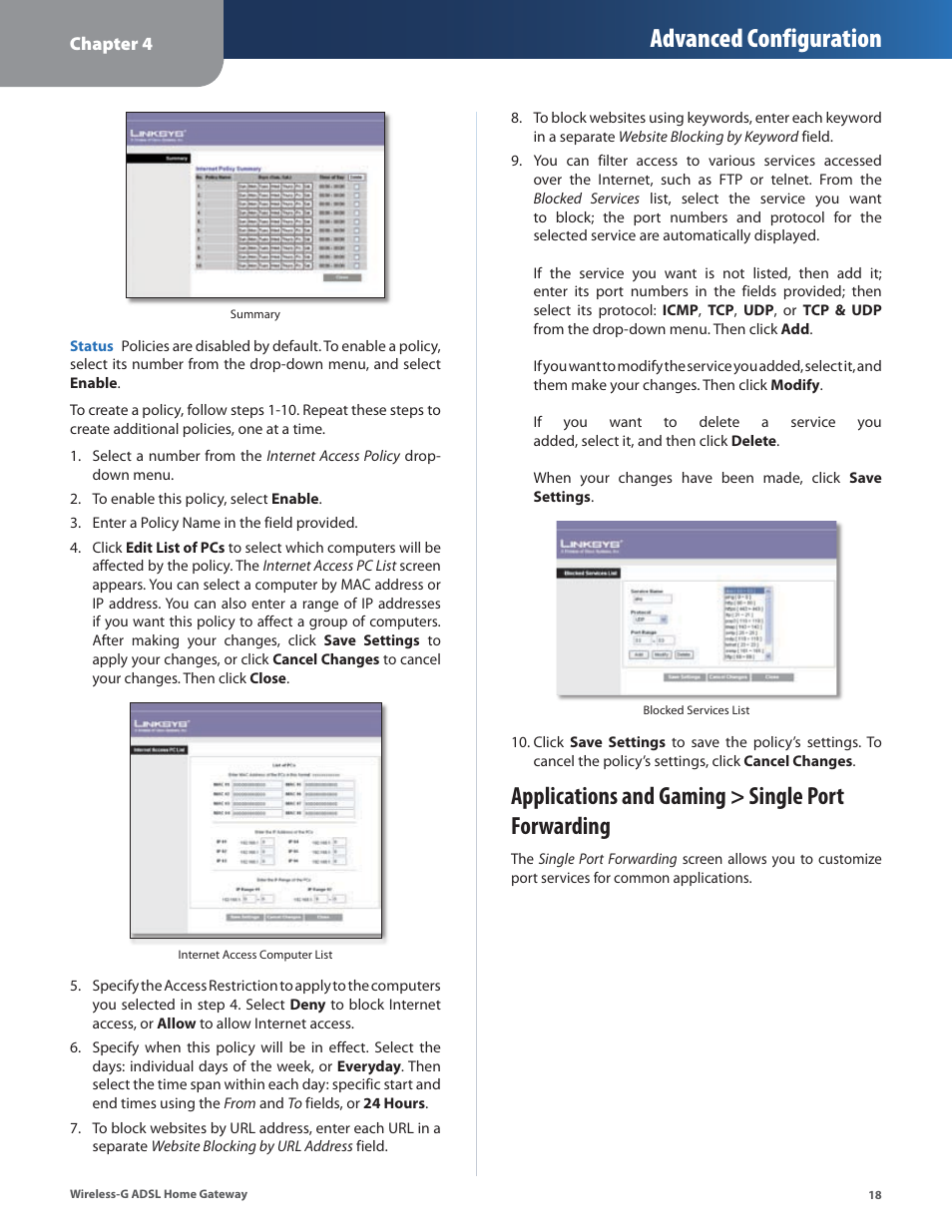 Applications and gaming > single port forwarding, Advanced configuration | Linksys WAG200G User Manual | Page 19 / 39