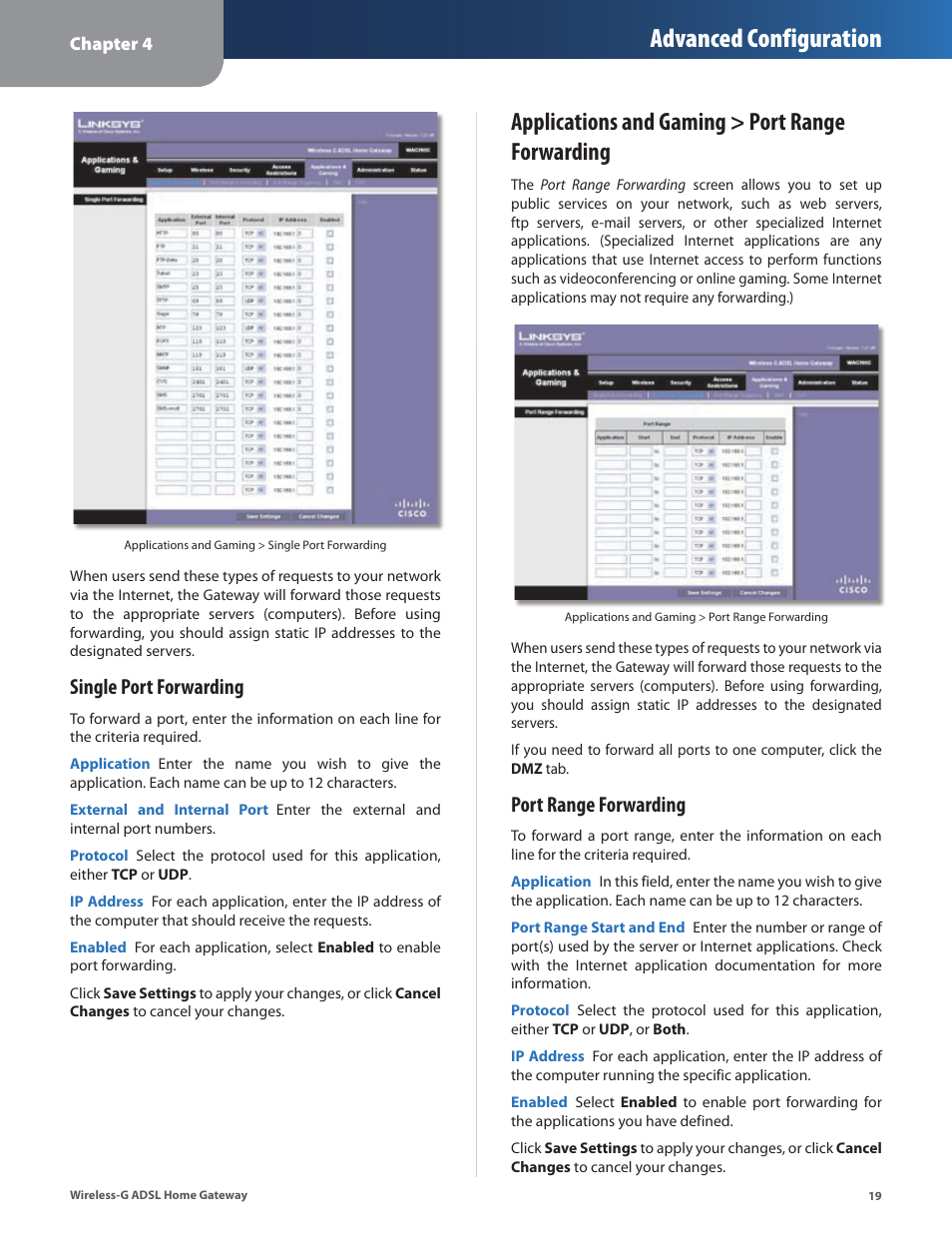 Applications and gaming > port range forwarding, Advanced configuration, Single port forwarding | Port range forwarding | Linksys WAG200G User Manual | Page 20 / 39