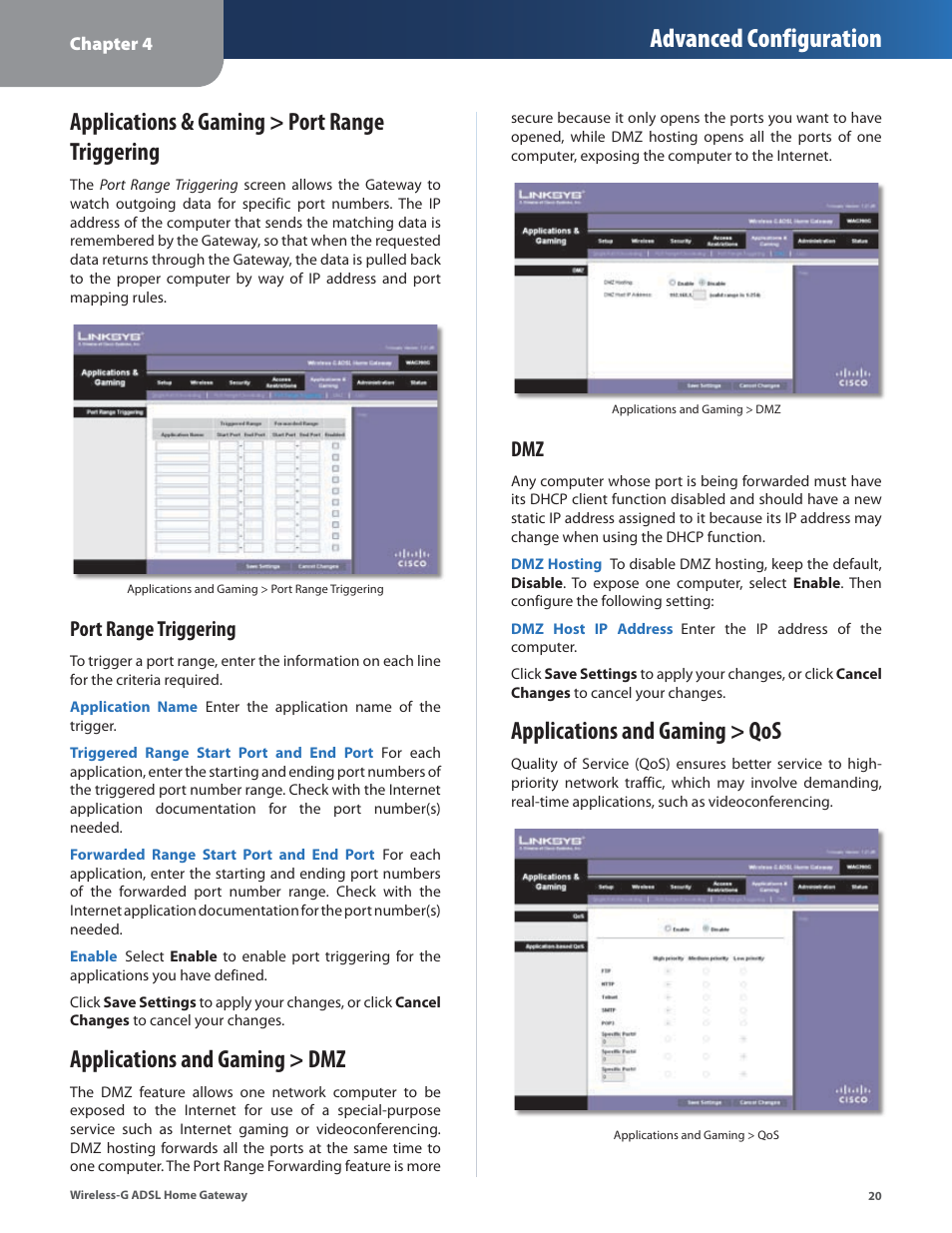 Applications & gaming > port range triggering, Applications and gaming > dmz, Applications and gaming > qos | Advanced configuration, Port range triggering | Linksys WAG200G User Manual | Page 21 / 39