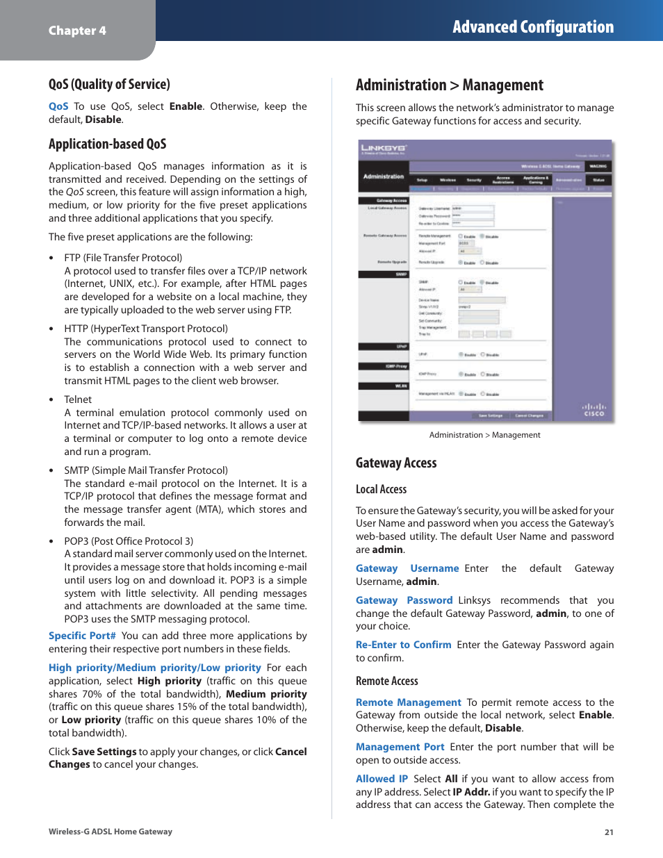 Administration > management, Advanced configuration, Qos (quality of service) | Application-based qos, Gateway access | Linksys WAG200G User Manual | Page 22 / 39