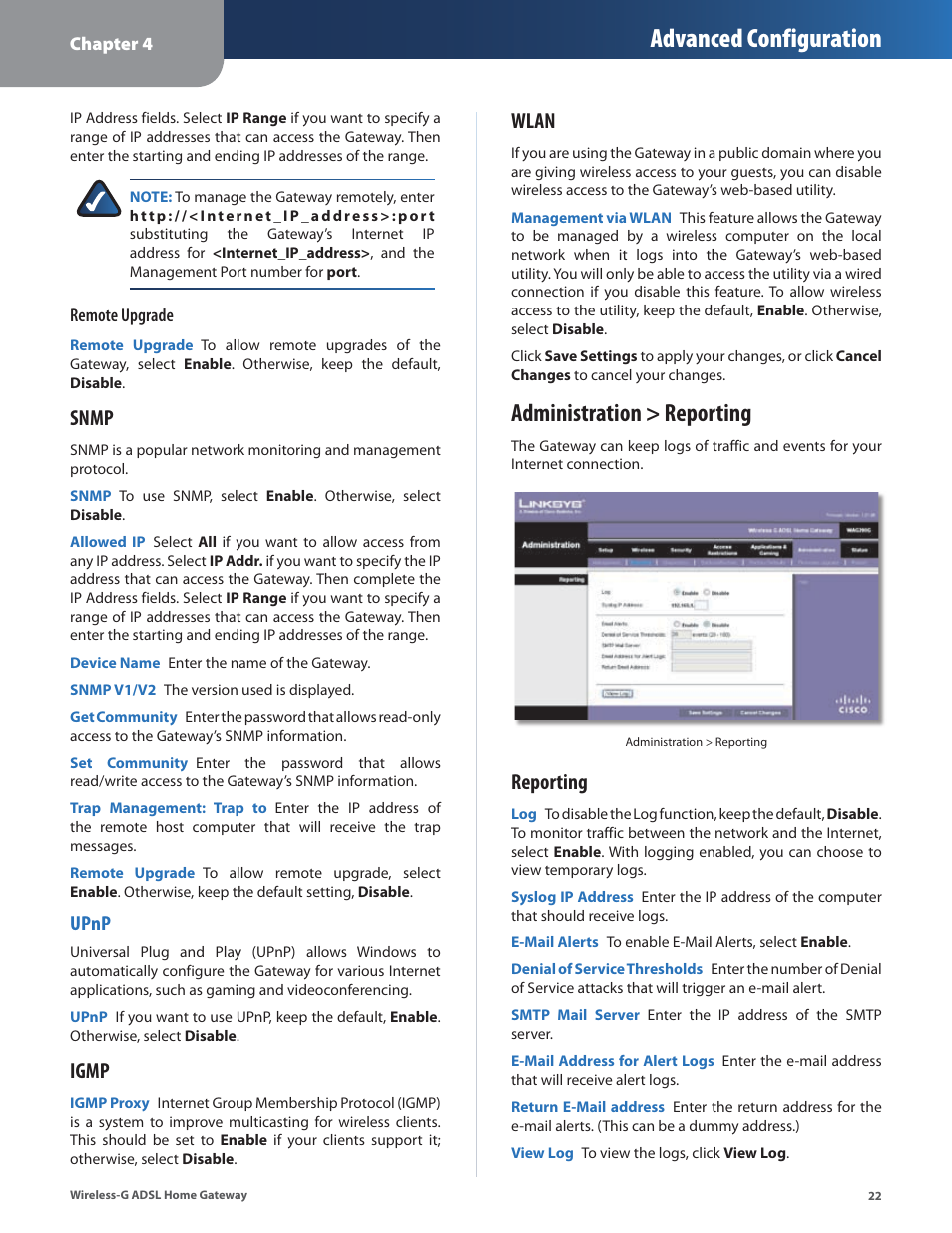 Administration > reporting, Advanced configuration, Snmp | Upnp, Igmp, Wlan, Reporting | Linksys WAG200G User Manual | Page 23 / 39