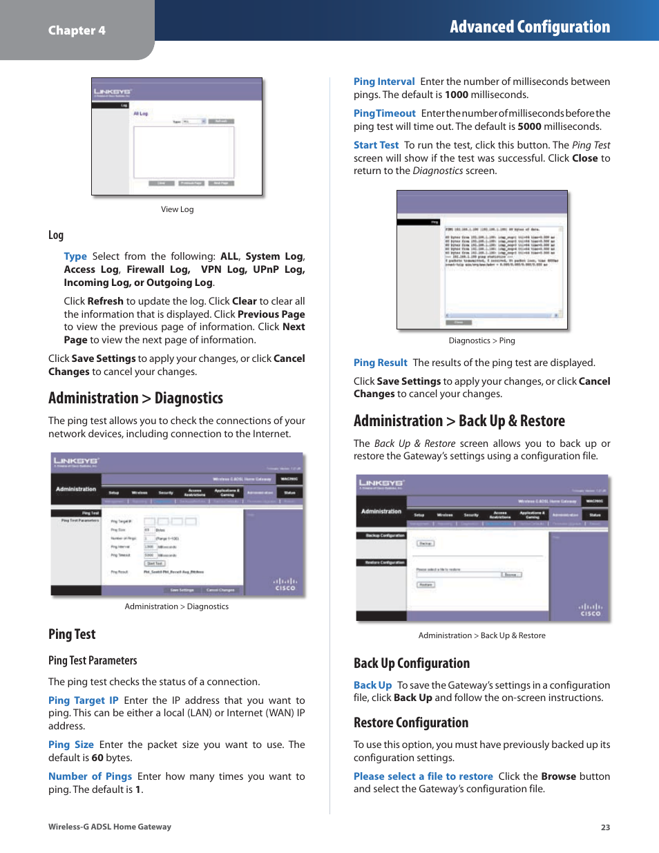 Administration > diagnostics, Administration > back up & restore, Advanced configuration | Ping test, Back up configuration, Restore configuration | Linksys WAG200G User Manual | Page 24 / 39