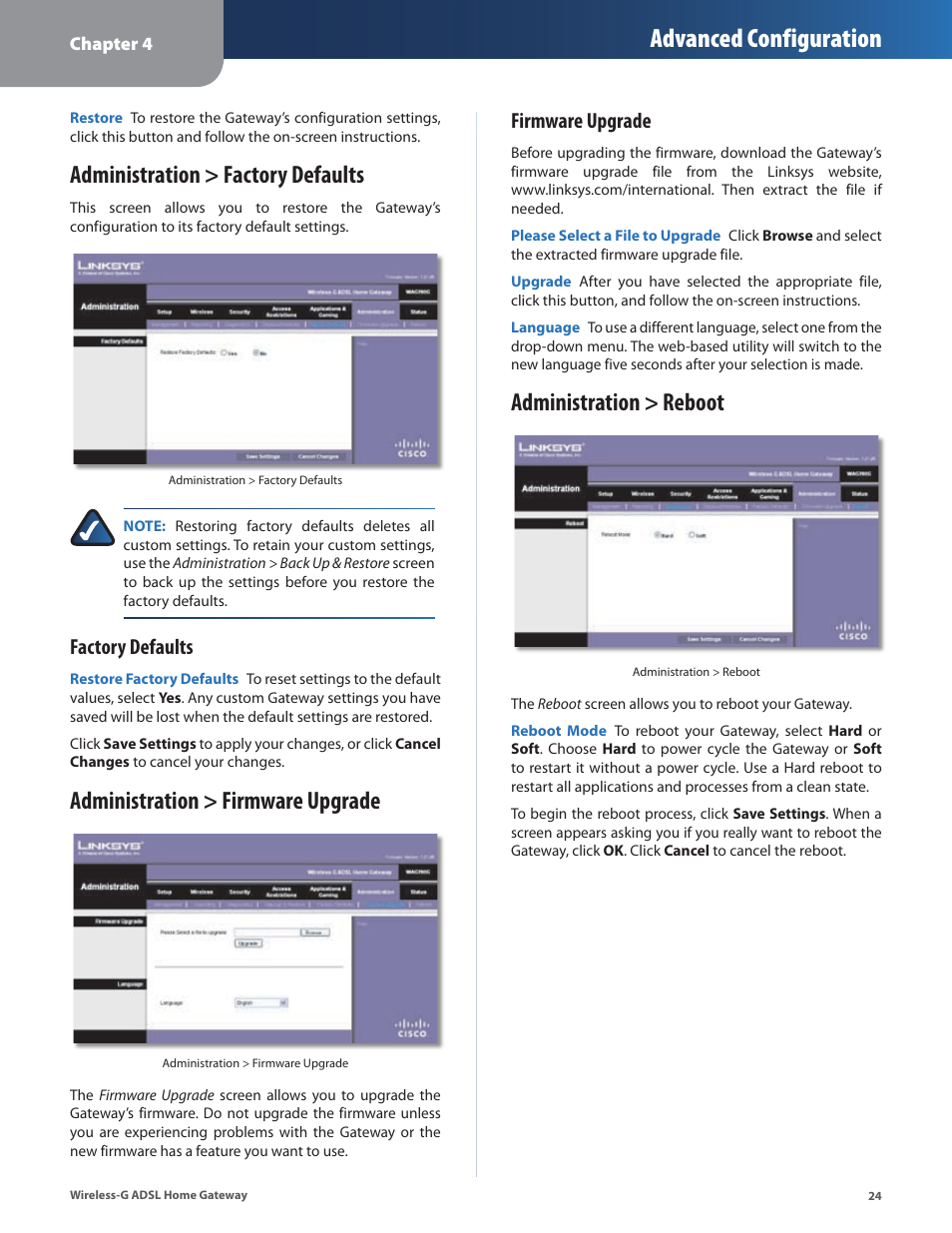Administration > factory defaults, Administration > firmware upgrade, Administration > reboot | Advanced configuration, Factory defaults, Firmware upgrade | Linksys WAG200G User Manual | Page 25 / 39
