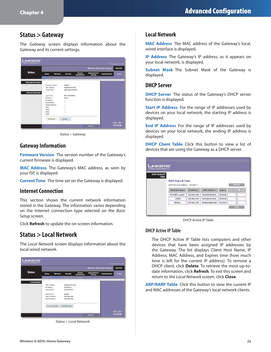 Status > gateway, Status > local network, Status > gateway status > local network | Advanced configuration, Gateway information, Internet connection, Local network, Dhcp server | Linksys WAG200G User Manual | Page 26 / 39