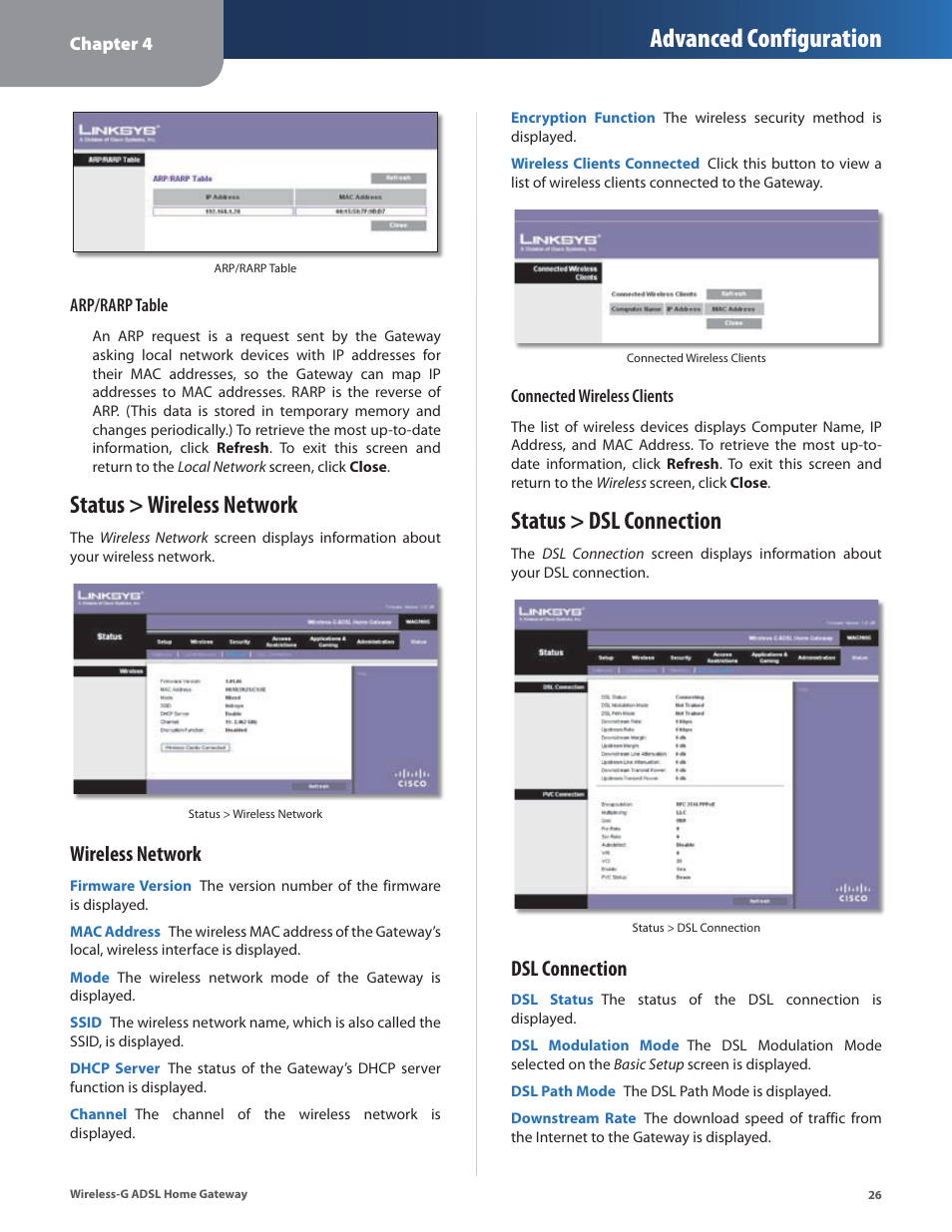 Status > wireless network, Status > dsl connection, Status > wireless network status > dsl connection | Advanced configuration, Wireless network, Dsl connection | Linksys WAG200G User Manual | Page 27 / 39
