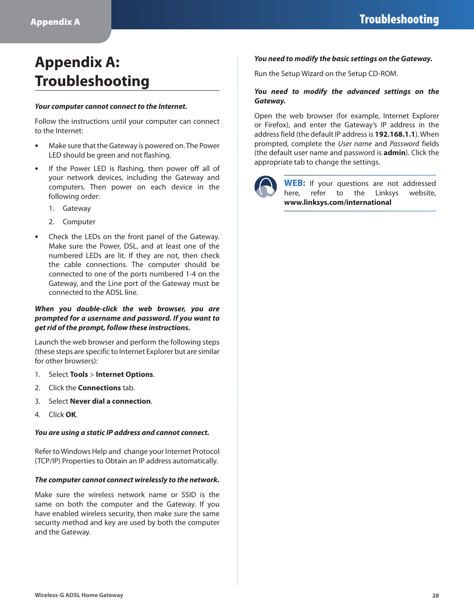 Appendix a: troubleshooting, Appendx a: troubleshootng, Troubleshooting | Linksys WAG200G User Manual | Page 29 / 39