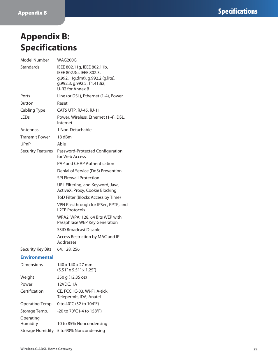 Appendix b: specifications, Appendx b: specfcatons, Specifications | Linksys WAG200G User Manual | Page 30 / 39