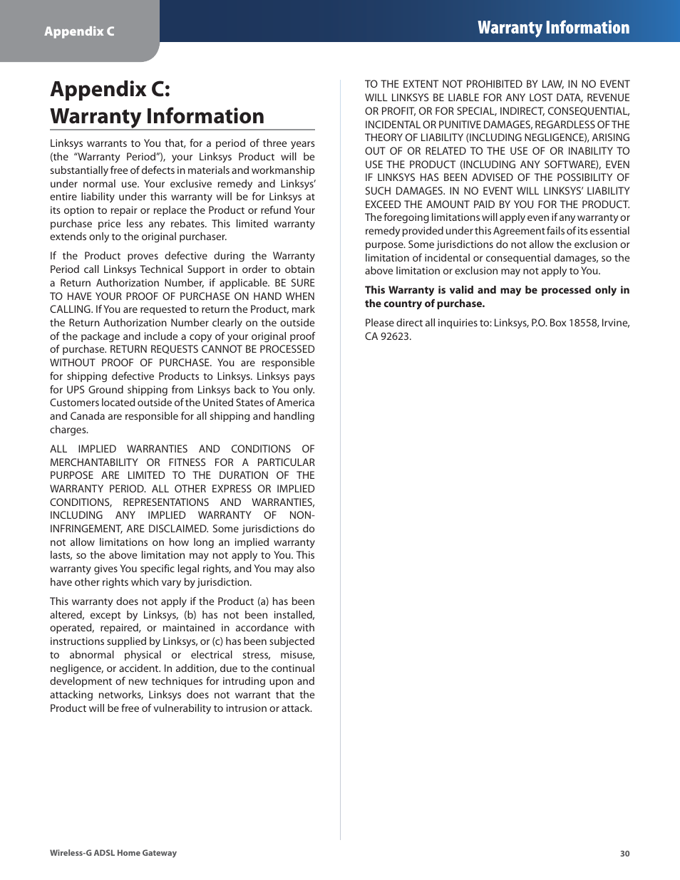 Appendix c: warranty information, Appendx c: warranty informaton, Warranty information | Linksys WAG200G User Manual | Page 31 / 39