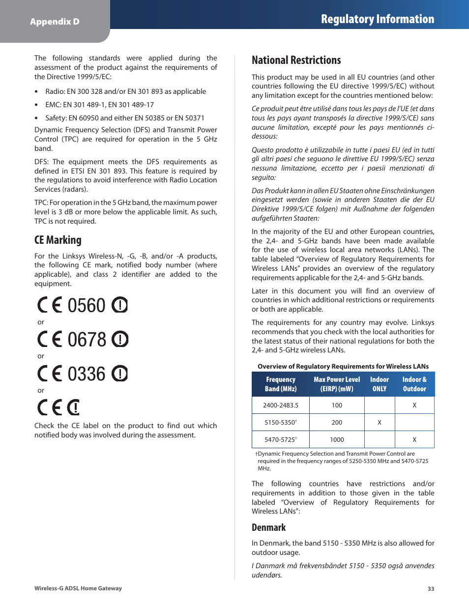 Ce marking, National restrictions, Ce marking national restrictions | Regulatory information, Denmark | Linksys WAG200G User Manual | Page 34 / 39