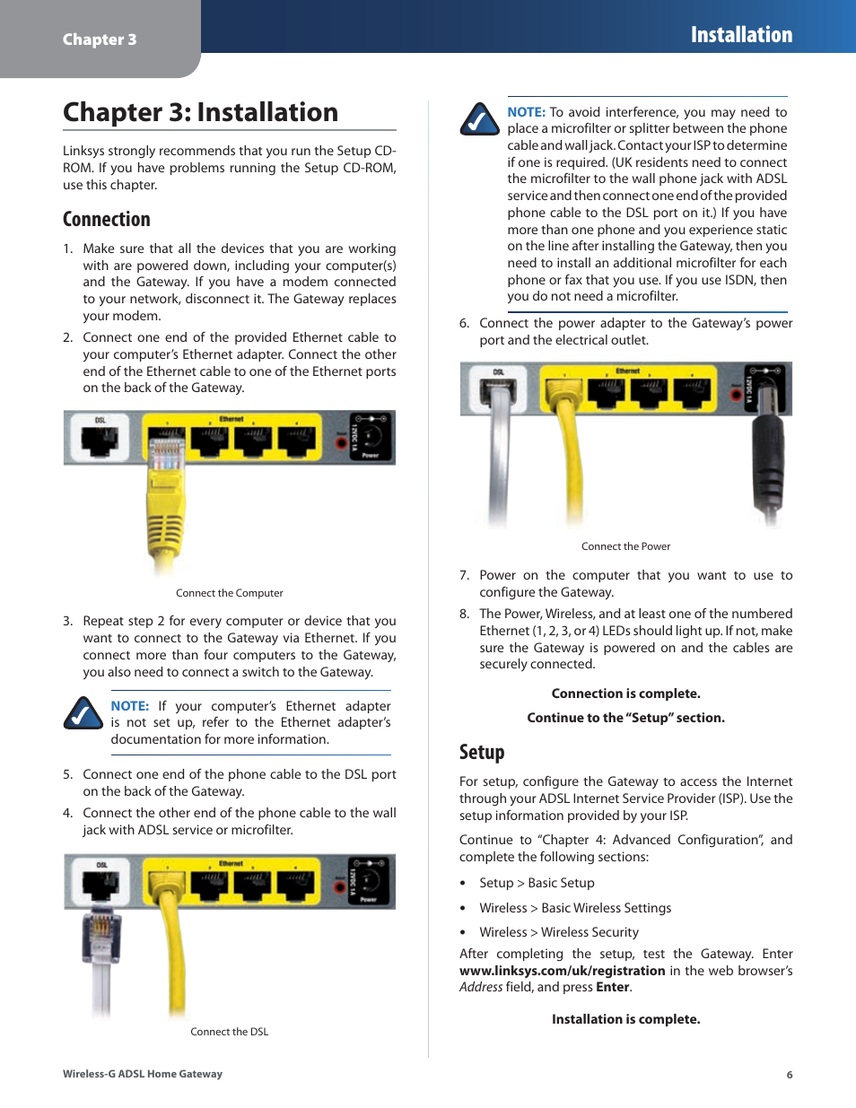 Chapter 3: installation, Connection, Setup | Connection setup, Chapter 3: installaton, Installation | Linksys WAG200G User Manual | Page 7 / 39