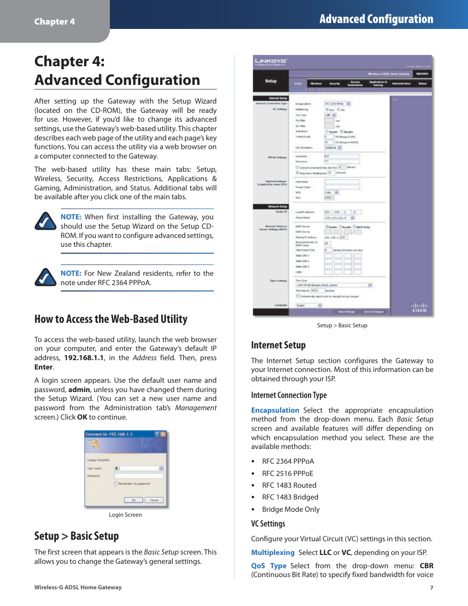 Chapter 4: advanced configuration, Setup > basic setup, Chapter : advanced confguraton | Advanced configuration, How to access the web-based utility, Internet setup | Linksys WAG200G User Manual | Page 8 / 39