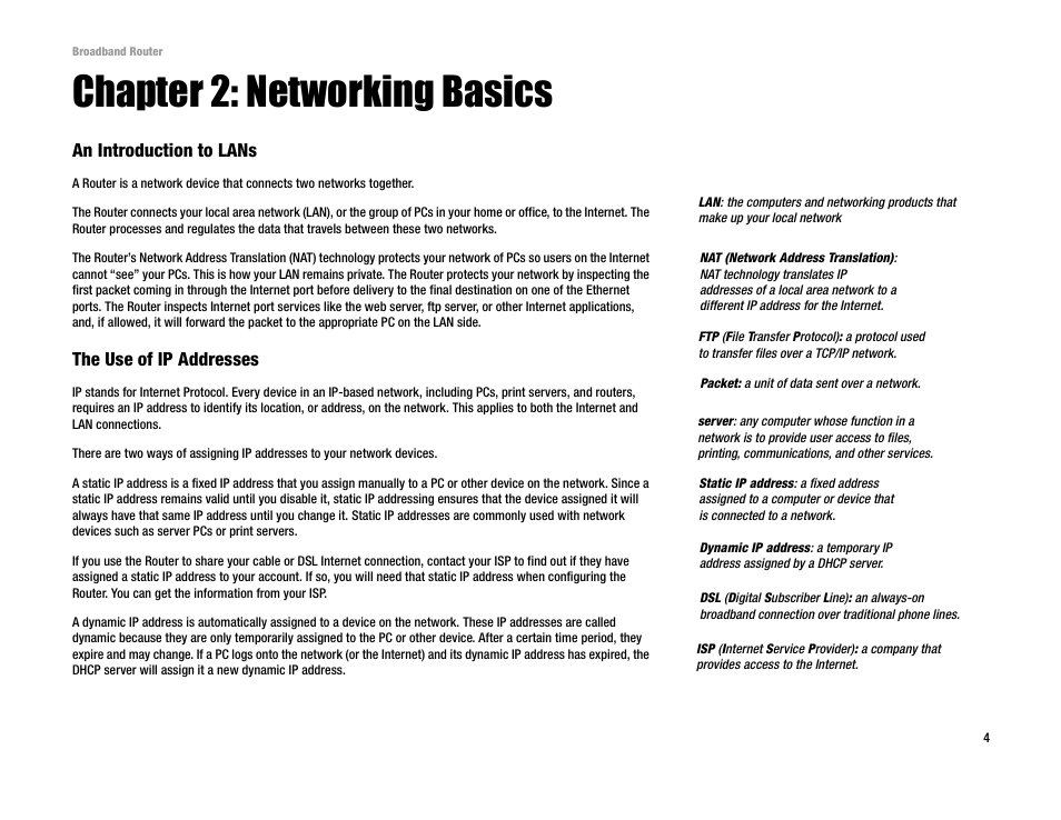 Chapter 2: networking basics, An introduction to lans, The use of ip addresses | Linksys RT042 User Manual | Page 10 / 68