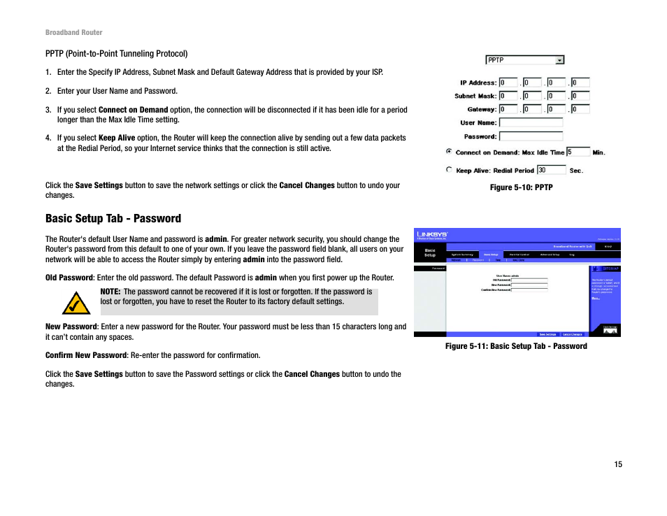 Basic setup tab - password | Linksys RT042 User Manual | Page 21 / 68